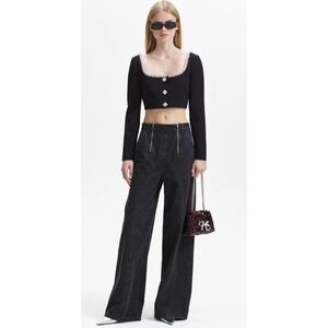Self Portrait Zip-Embellished Straight-Leg Wide Black Jeans Size 26x30
